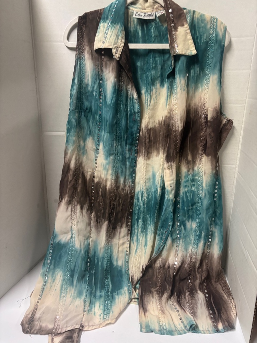 Sleeveless Ombre Teal to Cream Blouse with Sequin Trim vintage